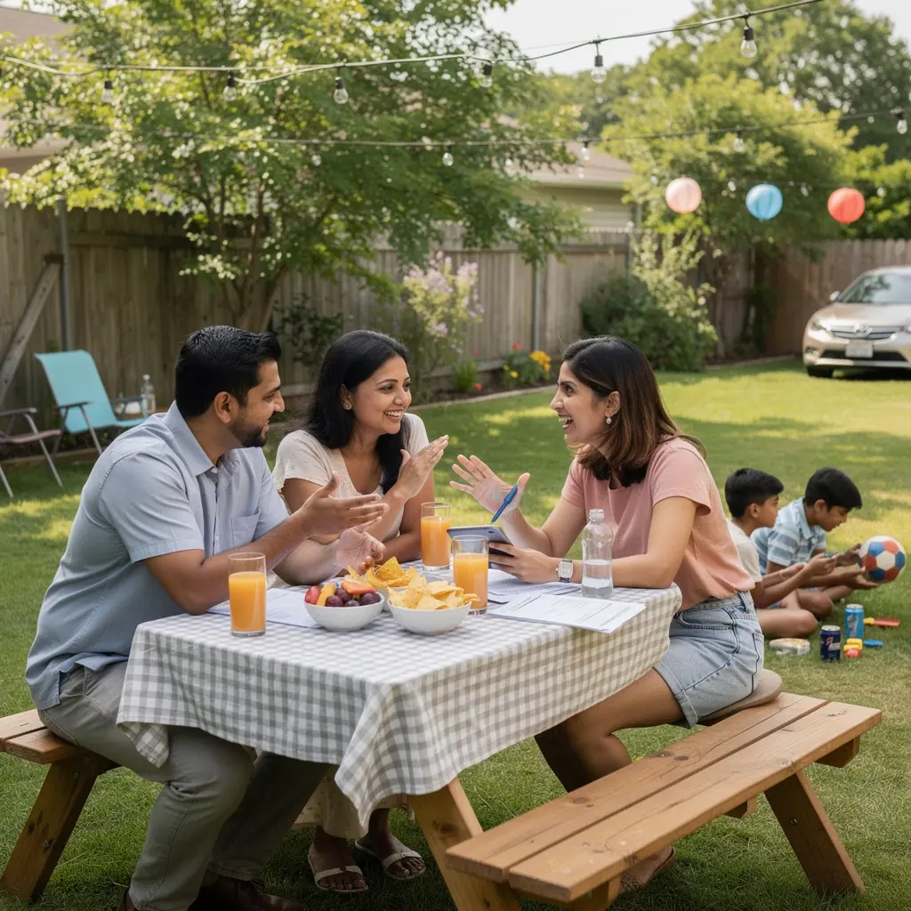 Ilustracja symbolizująca ochronę, z tarczą i samochodem w centrum.