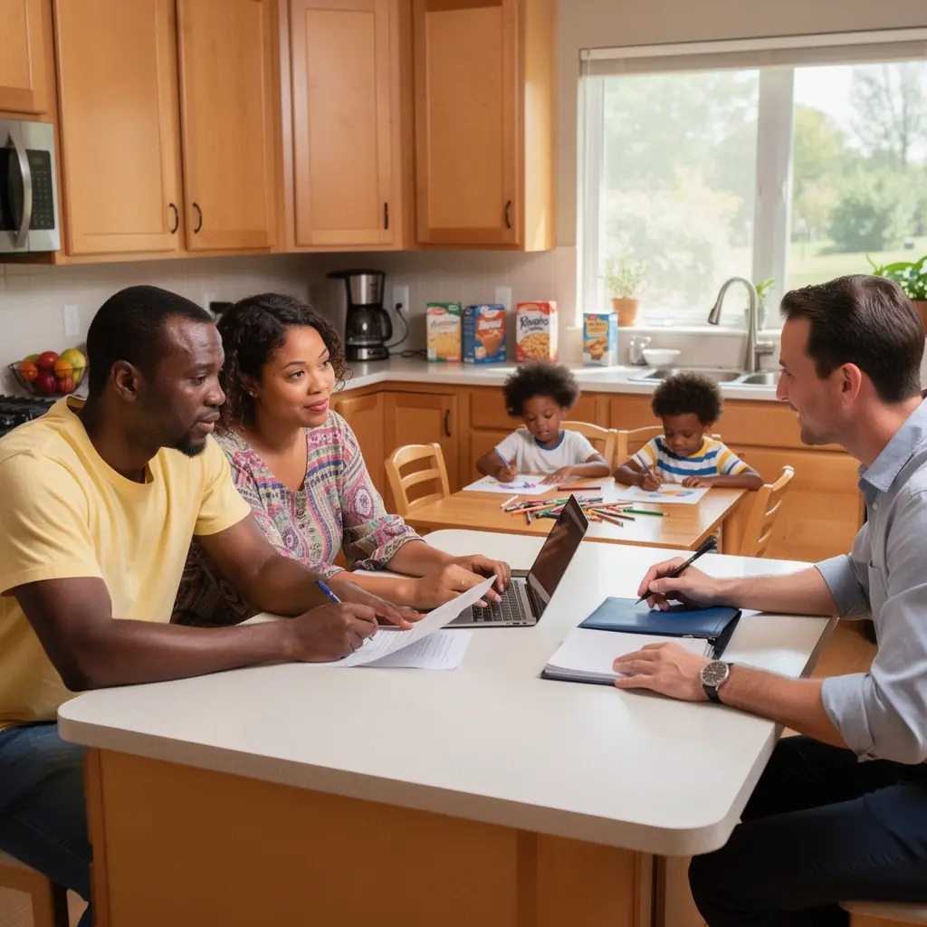 Rodzina rozmawia o planach dotyczących ubezpieczenia samochodu.