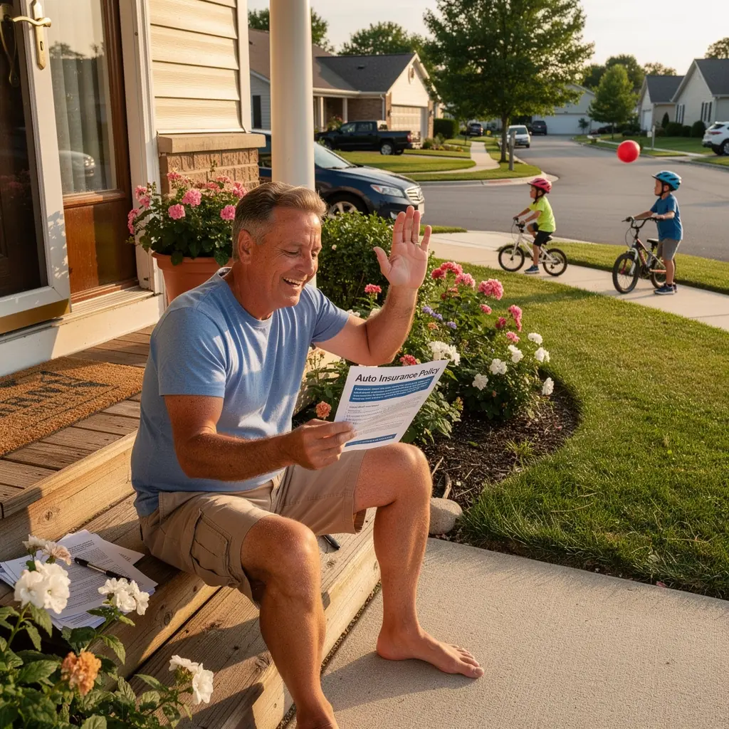 Ilustracja przedstawiająca komputer z otwartą stroną internetową dotyczącą ubezpieczeń samochodowych.